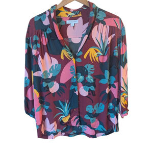 emilyandfin Tropical Black Cats Print Short Sleeve Button Down Women's Small EUC